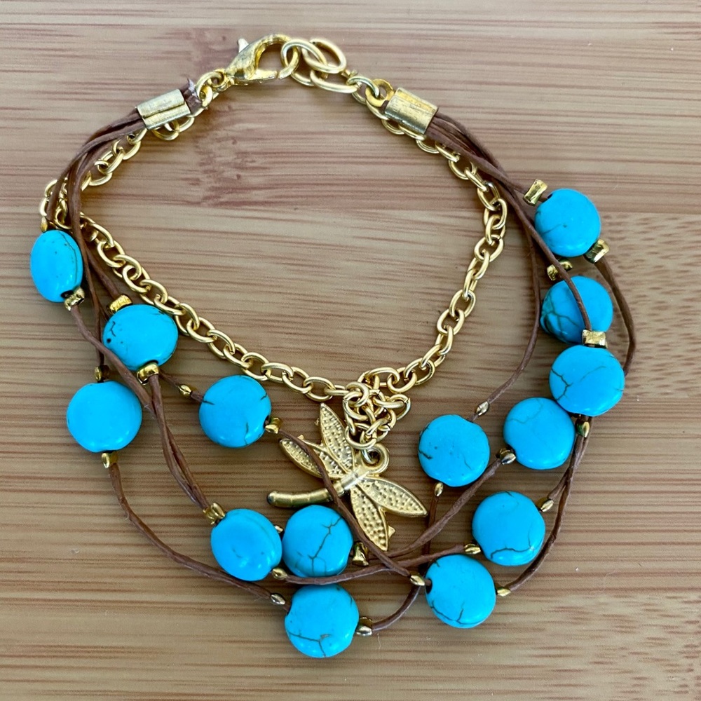 Turquoise Bead Dragonfly Charm Multi Strand Bracelet Gold Tone Boho Southwestern